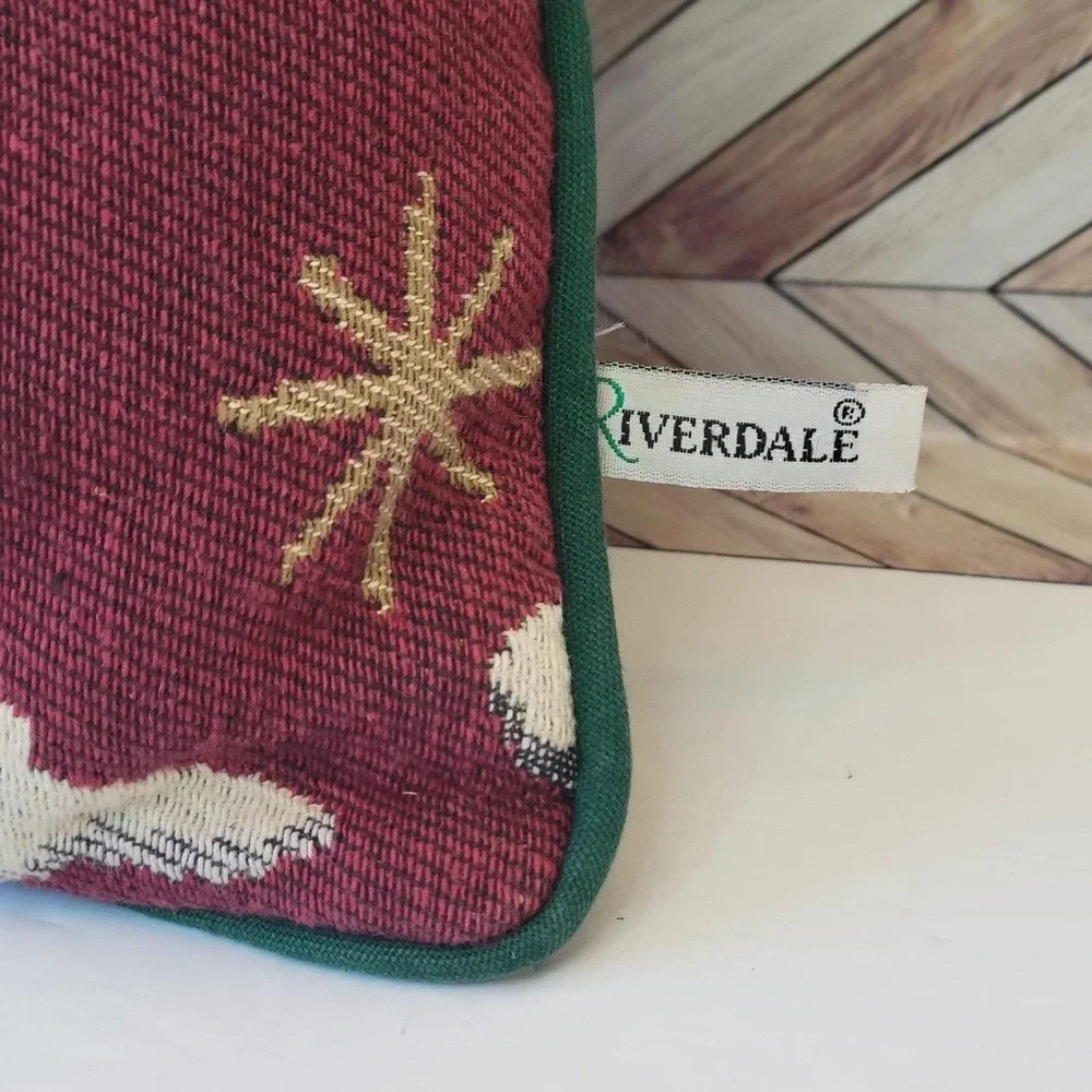 Vtg Riverdale Tapestry Throw Pillow Christmas Burgundy Snowman Decorative USA